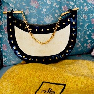 Fendi Black and Cream Crescent Shoulder Bag with Gold Chain and Studs